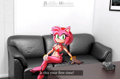 5_fingers anthro barefoot bikini biped black_nose black_sofa breasts camera casting_couch clothed clothed_anthro clothed_female clothing colored_nails conjoined_eyes crossed_legs eyelashes feet female female_anthro fingers fur furniture gloves green_eyes hand_on_knee hand_on_leg handwear humanoid_feet humanoid_hands inside medium_breasts mouth_closed multicolored_body multicolored_fur nails navel on_sofa photo_background pink_body pink_ears pink_fur pink_tail plantigrade pointy_ears prick_ears pupils red_bikini red_clothing red_hairband red_swimwear short_tail sitting sofa solo swimwear table tail tan_body tan_fur tan_inner_ear text thick_eyelashes toenails toes two-piece_swimsuit two_tone_bikini two_tone_body two_tone_fur white_bikini white_clothing white_gloves white_handwear white_nails white_swimwear white_toenails bolillo_werito sega sonic_the_hedgehog_(series) amy_rose eulipotyphlan hedgehog mammal 2026 absurd_res artist_name english_text hi_res mixed_media photography_(artwork)