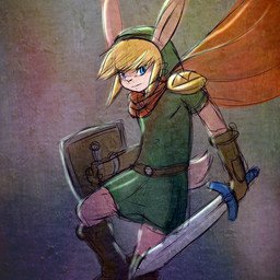 anthro blonde_hair blue_eyes cloak clothing gloves hair handwear male melee_weapon shield solo sword weapon crackers_(artist) a_link_to_the_past nintendo the_legend_of_zelda link_(rabbit_form) lagomorph leporid mammal rabbit 1:1 2013