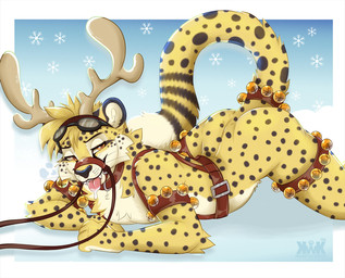 accessory anthro antler_headband aroused ass_up bedroom_eyes bell blep bodily_fluids border butt cheek_tuft collar dipstick_tail drooling eyewear eyewear_on_head facial_tuft fangs fur furgonomics goggles goggles_on_head harness heart_symbol inner_ear_fluff jewelry leash leashed_muzzle leg_accessory leg_belt looking_at_viewer male markings muzzle_(object) muzzled narrowed_eyes nude pose ring saliva seductive simple_background sled_harness smile smirk snowflake solo spots spotted_body spotted_fur suggestive suggestive_pose tail tail_accessory tail_jewelry tail_markings tail_ring tan_body tan_fur tan_tail_tip teeth text tongue tongue_out tuft whiskers white_border yellow_body yellow_fur kwik_(artist) obscura_(cheetahobscura) cheetah felid feline mammal 2025 digital_drawing_(artwork) digital_media_(artwork) hi_res signature url
