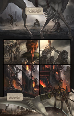 anthro burning burning_building clothing desolation dialogue ears_up female feral fire group hair male mount mount/rider_relations red_hair reins rider ruins saddle saddle_bag sitting sitting_on_another text walking alectorfencer myre mythology myre_(alectorfencer) varug badger bear bovid canid canine canis caprine coyote dragon goat mammal mustelid musteline mythological_creature mythological_scalie scalie wingless_dragon comic english_text hi_res