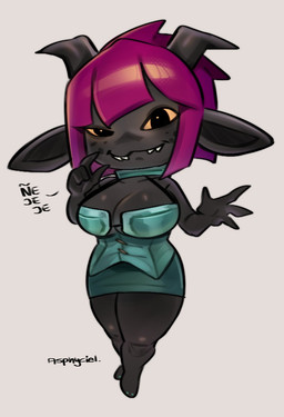 2_horns 4_fingers bangs big_breasts biped black_body black_horn black_skin blunt_bangs bottomwear breasts cleavage clothed clothed_female clothed_humanoid clothing collarbone cute_fangs exposed_teeth fangs female female_humanoid fingers freckled_face freckles front_view glistening glistening_breasts glistening_eyes glistening_hair hair head_horn horn looking_at_viewer medium_hair no_irises orange_sclera pencil_skirt pointy_ears purple_hair simple_background skirt slim_female slim_humanoid smile smiling_at_viewer solo standing teal_bottomwear teal_clothing teal_skirt teeth text white_background wide_hipped_female wide_hipped_humanoid asphyciel atlyss fan_character humanoid imp_(atlyss) 2025 colored digital_media_(artwork) english_description full-length_portrait hi_res portrait signature
