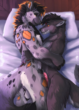 anthro balls bed black_body black_fur black_nose black_tail black_tail_tip cuddling dipstick_tail duo ear_piercing ear_ring facial_piercing fur furniture genitals grey_body grey_fur grey_tail humanoid_genitalia humanoid_penis male male/male markings nose_piercing nose_ring penis piercing red_eyes ring_piercing tail tail_markings white_balls yellow_eyes kinsheph canid canine canis hyena mammal wolf hi_res