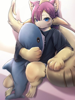 ambiguous_gender anthro blue_eyes bottomwear claws clothed clothing eyebrows eyelashes hair holding_object looking_at_viewer pants shark_tail shirt simple_background sitting solo tail topwear mimideu64931 ikea blahaj aquatic fish hybrid mammal shark unknown_species 2026 hi_res