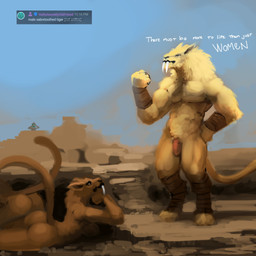 ankle_wraps anthro binoculars breasts fangs female fist fur genitals greeting group male penis sabertooth_(anatomy) screencap standing teeth text trio wraps wrist_wraps meandraco felid mammal prehistoric_species saber-toothed_tiger 1:1 2022 digital_media_(artwork) english_text hi_res
