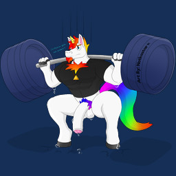 anthro balls bodily_fluids chest_tuft clothing exercise facial_hair genitals goatee hair horn humanoid_genitalia humanoid_penis male multicolored_hair penis pubes rainbow solo sweat text triforce tuft weightlifting workout conditional_dnp notkastar mythology nintendo the_legend_of_zelda dave_(notkastar) equid equine mammal mythological_creature mythological_equine unicorn 1:1 alpha_channel