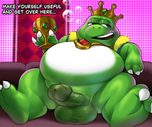 anthro balls bedroom_eyes belly big_balls big_belly bubble casual_exposure claws container crown cup erection eyeshadow feet finger_claws furniture genitals glans goblet headgear lounging makeup male mostly_nude_male narrowed_eyes no_navel obese obese_anthro obese_male overweight overweight_anthro overweight_male penis presenting presenting_penis seductive smug_expression sofa solo spread_legs spreading talking_to_viewer text toe_claws chipchell wart_(mario) amphibian frog english_text