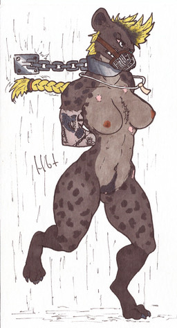 angry anthro bare_shoulders barefoot bdsm big_breasts bondage bound braided_hair breasts chain chain_leash chained feet female fur genitals hair hands_behind_back humanoid_hands leash muzzle_(object) muzzled nipples nude scar simple_background snout solo spots tattoo thick_thighs vulva wire_basket_muzzle haibet hyena mammal spotted_hyena 2019 hi_res traditional_media_(artwork)