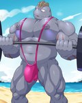 anthro areola barazoku barbell beach belly biceps big_bulge big_muscles big_pecs bodily_fluids bulge clothed clothing cloud day deltoids exercise eyewear glasses holding_object huge_muscles huge_pecs kemono male manly musclegut muscular muscular_anthro muscular_male navel nipples one-piece_swimsuit outside pecs quads sand skimpy sky sling_bikini solo standing sweat swimwear thick_arms thick_thighs water weightlifting weights workout maldu nintendo pokemon generation_1_pokemon machoke pokemon_(species) 2025 4:5 absurd_res hi_res