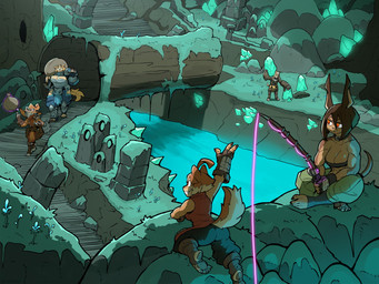 5_fingers 5_toes abs ahoge anthro armor bag bag_over_shoulder bandeau blep blonde_hair breasts brown_body brown_fur brown_hair claws cleavage clothed clothing crossed_legs crystal feet female finger_claws fingerless_gloves fingerpads fingers fishing_rod footwear fur gauntlets_(weapon) gesture gloves glowing grey_body grey_fur grin grinning_at_another group hair handwear holding_bag holding_crystal holding_fishing_rod holding_object levitating_object log looking_at_another magic magic_user metal_armor muscular muscular_anthro muscular_arms muscular_female pawpads plantigrade_pawpads river smile stairs stirrup_footwear tail toe_claws toeless_footwear toes tongue tongue_out topwear water waving wood yellow_body yellow_fur ceehaz dog_knight_rpg jeane_(ceehaz) maci_(ceehaz) nix_(ceehaz) orinette_(ceehaz) rory_(ceehaz) bird_dog borzoi canid canine canis dobermann domestic_dog golden_retriever herding_dog hunting_dog mammal pastoral_dog pinscher pomeranian retriever sighthound spitz welsh_corgi 2026 4:3 absurd_res hi_res
