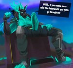 3_heads anthro balls claws clothed clothing dialogue fire flaming_hair genitals humanoid_genitalia male multi_head muscular muscular_anthro muscular_male penis pseudo_hair solo text turquoise_body underworld unzipped unzipped_pants zipper conditional_dnp olexafox epic_games fortnite mythology cerberus_(fortnite) canid canid_demon canine demon hellhound mammal mythological_canine mythological_creature english_text hi_res