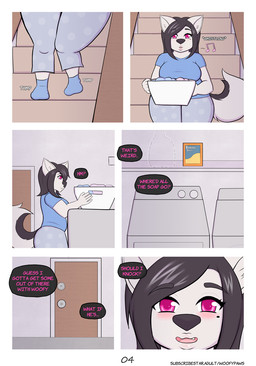 anthro appliance black_hair breasts clothed clothes_basket clothing comic_panel detergent door door_handle doorknob female footwear hair inner_thoughts laundry laundry_machine markings mole_(marking) musical_symbol pajamas pink_eyes polka_dot_pants polka_dots socks solo speech_bubble stairs symbol washing_machine whistling woofyrainshadow miranda_(woofyrainshadow) woofy_(woofyrainshadow) canid canine canis domestic_dog husky mammal nordic_sled_dog siberian_husky spitz 2025 comic hi_res