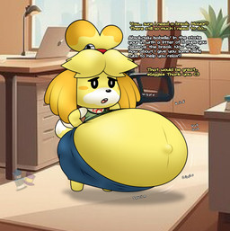 accessory anthro bell bell_accessory belly big_belly black_nose black_sclera blonde_hair blue_bottomwear blue_clothing blue_skirt bottomwear clothing dialogue dipstick_tail female green_clothing green_topwear green_vest hair hair_accessory hairband huge_belly hyper hyper_belly hyper_pregnancy inside logo markings motion_lines navel office onomatopoeia open_mouth outie_navel pink_mouth pink_tongue pregnant pregnant_anthro pregnant_female red_hairband skirt solo sound_effects tail tail_markings talking_to_another teeth text three-quarter_view tongue topwear vest white_eyes white_tail_tip yellow_body yellow_ears yellow_tail fancy_blue animal_crossing nintendo isabelle_(animal_crossing) canid canine canis domestic_dog mammal shih_tzu toy_dog 2026 alternate_version_at_source artist_logo colored digital_media_(artwork) english_text hi_res shaded