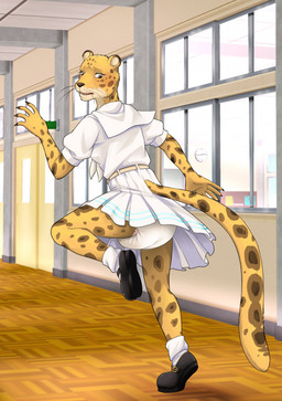 anthro bodily_fluids brown_eyes clothing diaper dress embarrassed embarrassing_exposure female floor fur genital_fluids markings running school school_hallway school_uniform solo spots spotted_body spotted_fur spotted_markings student unclean_diaper uniform urine used_diaper wet_diaper wood wood_floor yellow_body yellow_fur fetish-art_(artist) beastars sheila_(beastars) cheetah felid feline mammal hi_res