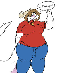 anthro bedroom_eyes big_breasts blue_bottomwear blue_clothing blue_jeans blue_pants bottomwear breasts broken_horn brown_hair clothing denim denim_bottomwear denim_clothing digit_ring female floppy_ears fur gesture gold_(metal) gold_jewelry gold_necklace hair horn jeans jewelry mature_anthro mature_female narrowed_eyes necklace overweight overweight_anthro overweight_female pants red_clothing red_sweater red_topwear ring seductive slightly_chubby slightly_chubby_anthro slightly_chubby_female solo speech_bubble standing sweater tail text thick_thighs topwear waving waving_at_viewer wedding_ring white_body white_fur wide_hips systemshutdown34 mythology athena_(unknownaccount11) dragon furred_dragon furred_scalie mythological_creature mythological_scalie scalie 1:1 2026 digital_drawing_(artwork) digital_media_(artwork) hi_res