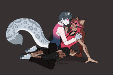 anthro black_bottomwear black_clothing black_latex black_leg_warmers black_legwear black_pants black_thigh_highs blood bodily_fluids bottomwear breasts brown_body brown_fur brown_hair clothed clothed_anthro clothed_female clothed_male clothing duo eye_contact fangs female fluffy fluffy_tail fur glowing glowing_eyes grey_body grey_fur grey_hair hair highlights_(coloring) hypnosis hypnotic_eyes latex latex_clothing latex_leg_warmers latex_legwear latex_thigh_highs leg_warmers legwear long_hair looking_at_another male male/female markings mind_control multicolored_hair pants pawpads pink_eyes pink_highlights sabertooth_(anatomy) spots spotted_body spotted_fur tail teeth thigh_highs topwear two_tone_hair vest white_body white_fur scarlet-frost novus zaide_(ashkelling) felid feline lynx mammal pantherine snow_leopard vampire hi_res