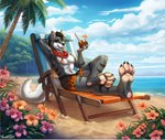 anthro beach beach_chair beverage black_hair clothed clothing coconut coconut_drink container cup drupe_(fruit) feet flower food foot_fetish foot_focus fruit fur grey_body grey_fur hair hand_behind_head heel_pad hibiscus jewelry male necklace open_mouth orange_eyes padded_palms pawpads paws pink_pawpads plant plantigrade scarf seaside stripes swimming_trunks swimming_trunks_only swimwear tail topless tree tropical yaoifairy firestone razor_the_firedog canid canine elemental_creature elemental_humanoid firedog humanoid mammal 2023 absurd_res hi_res