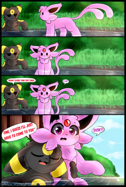 ambiguous_gender blush dialogue duo feral grass hug hugging_another hugging_from_behind plant speech_bubble text rockii nintendo pokemon eeveelution espeon generation_2_pokemon pokemon_(species) umbreon comic english_text hi_res female_(lore) male_(lore)