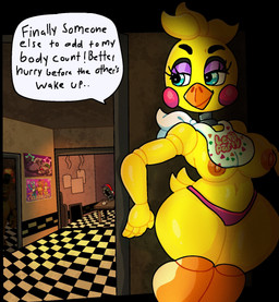 anthro areola beak bib big_breasts blue_eyes breasts clothing dialogue eyelashes feathers female front_view head_feathers head_tuft machine navel nipples orange_areola orange_nipples panties pink_clothing pink_panties pink_underwear purple_eeyshadow rosy_cheeks solo speech_bubble tail tail_feathers text thick_thighs tuft underwear wide_hips yellow_body yellow_feathers mschaox6 five_nights_at_freddy's five_nights_at_freddy's_2 scottgames toy_chica_(fnaf) animatronic avian bird chicken galliform phasianid robot english_text hi_res