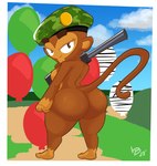 anthro balloon beret big_butt breasts brown_body brown_eyes brown_fur butt clothing eyebrows eyelashes female fur gun hat headgear headwear holding_gun holding_object holding_ranged_weapon holding_weapon inflatable long_tail looking_at_viewer looking_back looking_back_at_viewer nude ranged_weapon rear_view smile solo tail thick_eyebrows thick_thighs weapon wide_hips lewdpunch bloons_tower_defense ninja_kiwi sniper_monkey_(bloons) haplorhine mammal monkey primate 2023 hi_res