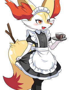 3_fingers 3_toes ambiguous_gender anthro apron big_ears big_tail black_body blush blush_lines bottomwear clothing dress eyelashes feet fingers holding_object inner_ear_fluff maid_headdress maid_uniform pointed_nose pseudo_clothing red_eyes red_nose skirt smile solo standing stick_in_tail tail toes tuft uniform white_body yellow_body applebloom_love nintendo pokemon braixen generation_6_pokemon mammal pokemon_(species) 2025 colored digital_drawing_(artwork) digital_media_(artwork) hi_res portrait shaded