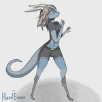 anthro blue_body blue_fur butt clothed clothing female fur hair horn pose solo tail topwear hardenonn mythology dragon mythological_creature mythological_scalie reptile scalie 1:1 hi_res