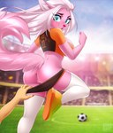 2019 ambiguous_gender anthro anus ball blue_eyes blurred_background blush bottomwear breasts butt canid canine clothing dannyckoo digital_media_(artwork) disembodied_hand duo female footwear fur genitals hair hi_res mammal open_mouth outside pink_body pink_fur pink_nose pussy shaded shirt shoes shorts soccer sport surprise topwear vyxsin white_hair