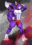 abs anthro black_markings bow_tie claws clothing dipstick_tail fox_tail fur jockstrap male markings membrane_(anatomy) membranous_wings muscular muscular_male pecs purple_body purple_fur purple_skin tail tail_markings teeth underwear white_body white_fur white_skin wings yellow_eyes checkhoff bandai_namco digimon foxy_the_dorumon digimon_(species) dorumon x-digimon absurd_res hi_res