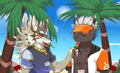 anthro beach day duo eyes_closed food fruit holding_food holding_object holding_popsicle male melon outside palm_tree plant popsicle sea sun tree water watermelon watermelon_popsicle watermelon_slice chuurow lifewonders tokyo_afterschool_summoners seth_(tas) tadatomo_(tas) canid canine canis domestic_dog jackal mammal 2019 colored hi_res