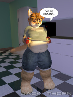 anthro appliance blush bottomwear checkered checkered_floor chest_tuft clothed clothing clothing_lift denim denim_bottomwear denim_clothing denim_shorts dialogue eyewear fingerless_gloves fridge glasses gloves hair hands_on_clothing handwear kitchen_appliance male microwave_oven overweight shirt shirt_lift shorts small_clothing solo speech_bubble tail text topwear tuft young young_anthro young_male jackthorn jackal_pawpad canid canine canis jackal mammal 2015 3:4 3d_(artwork) digital_media_(artwork) signature