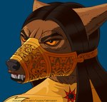 angry anthro bdsm black_hair blue_background bondage bound brown_body brown_fur clenched_teeth clothing ears_back ears_down femboy floral_pattern fur gold_(metal) hair harem_outfit leaf_print long_hair looking_forward male metal muzzle_(object) muzzled orange_eyes ornate_clothing pivoted_ears simple_background skinsuit snarling solo submissive submissive_male teeth text tight_clothing mitokep zanaa_(mitokep) canid canine canis jackal mammal 2023 bust_portrait digital_media_(artwork) hi_res portrait url