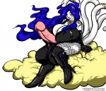 anthro balls big_balls big_breasts big_penis biped blue_hair breasts brown_eyes clothing cloud erection genitals gynomorph hair huge_balls huge_breasts huge_penis hyper hyper_balls hyper_genitalia hyper_penis intersex long_hair multi_tail penis simple_background solo tail white_background deonwolf dainichi deity domestic_cat felid feline felis mammal 2009