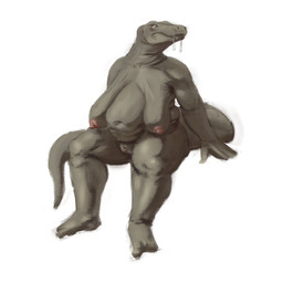 anthro areola belly big_belly breasts female genitals grey_body grey_breasts mouth_closed navel nipples non-mammal_breasts non-mammal_navel non-mammal_nipples nude orange_eyes overweight overweight_anthro overweight_female red_areola red_nipples sagging_breasts simple_background sitting solo tail three-quarter_view unsigned vulva white_background upai lizard monitor_lizard reptile scalie 1:1 absurd_res full-length_portrait hi_res portrait