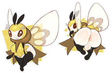 antennae_(anatomy) anthro anus balls big_butt breasts butt genital_raphe genitals gynomorph huge_butt intersex membrane_(anatomy) membranous_wings multicolored_body presenting presenting_hindquarters raphe_(anatomy) scrotal_raphe scrotum_flap shortstack shortstack_gynomorph shortstack_intersex simple_background solo thick_thighs white_background wings kaizoart nintendo pokemon arthropod generation_7_pokemon insect pokemon_(species) ribombee 2025 digital_media_(artwork) hi_res