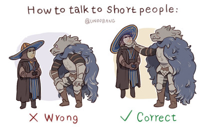 anthro armor asphyxiation biped bodily_fluids boots breastplate choking cloak clothing duo fangs footwear gauntlets gloves greaves handwear hat headgear headwear humor male mask robe shoes simple_background smile sweat teeth text white_background unoobang elden_ring fromsoftware how_to_talk_to_short_people blaidd_(elden_ring) preceptor_seluvis canid canine canis human mammal wolf 2022 digital_media_(artwork) english_text meme