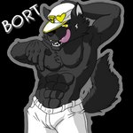 abs anthro black_body black_fur black_nose bottomwear chest_tuft clothed clothing fur gesture hand_behind_head hand_gesture hat headgear headwear licking licking_lips licking_own_lips looking_at_viewer male muscular muscular_anthro muscular_male open_mouth pants pointing pointing_down self_lick simple_background solo standing tongue tongue_out topless transparent_background tuft white_bottomwear white_clothing white_hat white_headwear white_pants yellow_eyes seiferwolfdragon gab_(comic) bort_(gabshiba) canid canine canis domestic_dog mammal tamaskan_dog 1:1 alpha_channel