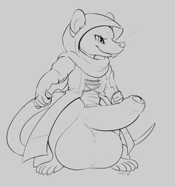 anthro balls big_balls big_penis buckteeth claws clothing coat dagger erection foreskin fur genitals hood huge_balls humanoid_genitalia humanoid_penis hyper hyper_balls hyper_genitalia male melee_weapon penis simple_background smile solo standing teeth topwear weapon whiskers slimefur mammal murid murine rat rodent hi_res monochrome
