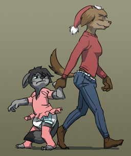 anthro biped black_hair black_nose blue_eyes brown_body brown_fur brown_nose clean_diaper clothed clothing crossdressing diaper diaper_peekage dress duo embarrassed eyes_closed female fur green_background grey_body grey_fur hair holidays male pink_clothing pink_dress red_clothing red_topwear simple_background tail tail_between_legs topwear wearing_diaper young crackajackin christmas loupylupine canid canine canis mammal wolf 2012 digital_media_(artwork)