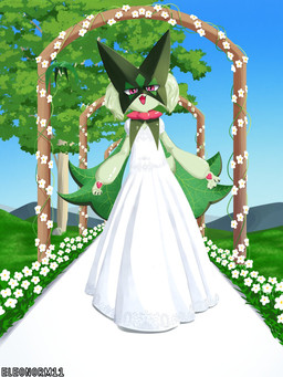 anthro claws clothing dress fangs female female_anthro flower fur grass green_body green_fur green_hair hair looking_at_viewer open_mouth pawpads pink_eyes plant solo teeth tongue tree wedding wedding_dress eleonorm11 nintendo pokemon felid feline generation_9_pokemon mammal meowscarada pokemon_(species) 2025 3:4 hi_res signature