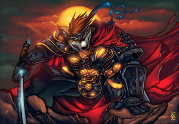 anthro armor beard biped brown_hair facial_hair green_eyes hair kemono kneeling male melee_weapon muscular muscular_anthro muscular_male pose solo sun sword warrior weapon thiagozero scott_visnjic canid canine canis mammal wolf absurd_res hi_res