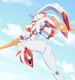 anus blush bottomless breasts butt censor_bar clothed clothing female genitals ineffective_censorship looking_at_viewer machine not_furry open_mouth raised_leg rear_view red_eyes solo vulva pochincoff darling_in_the_franxx studio_trigger strelizia humanoid robot censored digital_media_(artwork)