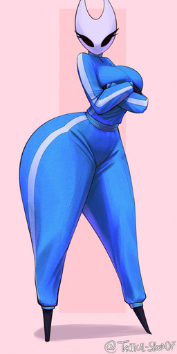 anthro big_breasts black_body blue_bottomwear blue_clothing blue_pants blue_shirt blue_topwear blue_tracksuit bottomwear breasts clothing crossed_arms empty_eyes eyelashes female looking_at_viewer pants pink_background shirt simple_background solo text thick_thighs three-quarter_view topwear tracksuit white_head oveja-tactica hollow_knight_(franchise) team_cherry hornet_(hollow_knight) arachnid arthropod spider 2026 absurd_res artist_name colored digital_media_(artwork) hi_res shaded