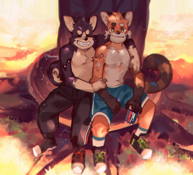 anthro black_body black_clothing black_footwear black_fur black_shoes bodily_fluids clothed clothing duo eyes_closed footwear fur male orange_body orange_fur plant shoes smile smiling_at_viewer sweat sweatdrop topless topless_anthro topless_male tree yellow_eyes hemuchang ailurid canid canine canis domestic_dog husky mammal nordic_sled_dog red_panda spitz 2021 hi_res
