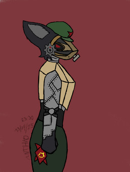 anthro cjk_character communism fur gas_mask green_cap grey_body machine male mask metallic_body politics red_star side_view simple_background solo anthrothegoat mk1_(anthrothegoat) hybrid protogen robot robot_anthro digital_drawing_(artwork) digital_media_(artwork) signature