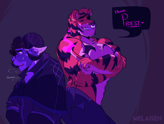 2_horns abstract_background anthro barazoku black_sclera black_speech_bubble black_stripes bodily_fluids bottomwear bovid_horn caprine_horn clothed clothed_anthro clothed_male clothing dialogue duo facial_piercing fully_clothed fully_clothed_anthro fully_clothed_male fur grin horn male male_anthro nervous nervous_sweat nose_piercing nose_ring orange_body orange_fur pants pants_only piercing priest priest_robes ram_horn ring_piercing side_view smile speech_bubble striped_body striped_fur stripes sweat talking_to_another teeth text topless topless_anthro topless_male melaisen ramiro_(melaisen) bovid caprine demon felid mammal pantherine sheep tiger 2022 absurd_res artist_name digital_drawing_(artwork) digital_media_(artwork) english_text hi_res portrait three-quarter_portrait