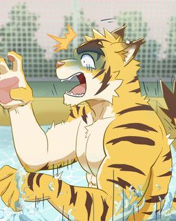 abs anthro barazoku brown_body brown_fur brown_stripes countershade_arms countershade_face countershade_torso countershading dipstick_ears ear_markings fur male markings multicolored_body multicolored_ears multicolored_fur muscular muscular_anthro muscular_male pawpads pecs pink_nose pink_pawpads solo striped_body striped_fur stripes swimming_pool tail tan_body tan_countershading tan_fur yellow_body yellow_fur voitman2024 morenatsu torahiko_ooshima felid mammal pantherine tiger 2026 4:5 absurd_res hi_res