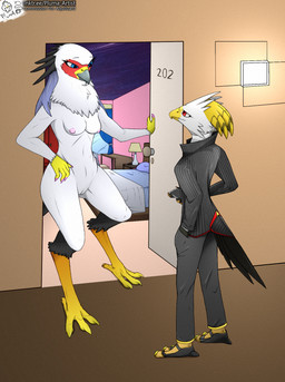 accessory anthro avian_butt avian_feet beak beak_closed bed blue_eyes breasts claws clothing dress duo elegant face_fucking feather_in_hair feathers feet female furniture genitals hair hair_accessory hotel hotel_room irrumatio leg_markings loose_feather male male/female markings mouth_closed nude nude_female oral penile penis_in_mouth red_body red_eyes red_feathers sex suit_jacket suit_pants tail tail_feathers vaginal vulva white_body white_feathers white_vulva yellow_body yellow_claws yellow_feathers pluma_artist accipitrid accipitriform animal_humanoid avian avian_humanoid bird eagle humanoid secretary_bird hi_res