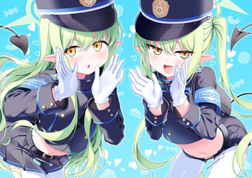 arms_bent backpack belt bent_over blue_background blue_bottomwear blue_clothing blue_hat blue_headwear blue_shirt blue_shorts blue_skirt blue_topwear blush bottomwear clothing cute_fangs ear_piercing ear_ring fangs female gloves green_hair hair hair_between_eyes halo handwear hat headgear headwear heart_symbol heart_tail legwear long_hair midriff navel open_mouth pantyhose piercing pointy_ears pose prick_ears ring_piercing shirt shorts simple_background skirt spade_tail tail teeth topwear white_clothing white_gloves white_handwear white_legwear white_pantyhose yellow_eyes young young_female young_humanoid onibi_cat6016 blue_archive nexon hikari_(blue_archive) nozomi_(blue_archive) demon demon_humanoid humanoid tailed_humanoid hi_res