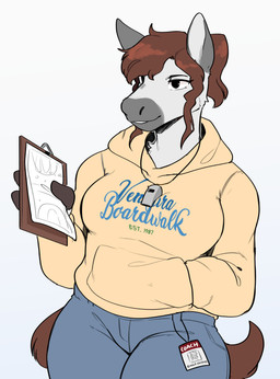 anthro blue_bottomwear blue_clothing blue_jeans blue_pants blue_text bottomwear breasts brown_hair brown_tail clipboard clothed clothed_anthro clothed_female clothing coach denim denim_bottomwear denim_clothing female female_anthro fingers front_view fur green_text grey_body grey_fur hair hand_in_pocket holding_clipboard holding_object hoodie id_tag jeans multicolored_body multicolored_fur pants paper pockets simple_background solo tail text text_on_clothing text_on_hoodie text_on_topwear topwear whistle_(object) whistle_around_neck white_background white_body white_fur conditional_dnp sonokido ventura_city_drifters bianca_douglas equid equine horse mammal 2023 digital_drawing_(artwork) digital_media_(artwork) hi_res portrait three-quarter_portrait