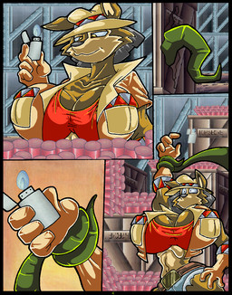 ambiguous_gender anthro belt big_breasts black_hair bottomwear box breasts brown_body brown_eyes brown_fur clothing container crate crop_top duo dynamite explosives female feral fire fur gloves hair handwear hat headgear headwear huge_breasts jacket lighter multicolored_body multicolored_fur navel plant shirt shorts tan_body tan_fur text topwear two_tone_body two_tone_fur vines virus-20 june_coyote canid canine canis coyote mammal plant_monster 2014 comic digital_media_(artwork) english_text