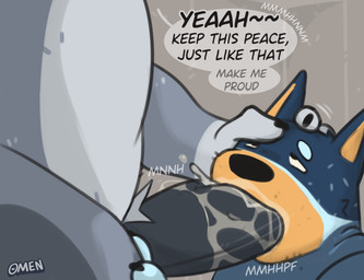 4_fingers age_difference anthro arm_hair asphyxiation balls barazoku bare_chest beard bed bedroom belly biceps big_balls big_belly big_muscles big_penis biped black_body black_ears black_fur black_nose black_tail blowjob_face blue_body blue_fur blue_tail blush bodily_fluids body_hair brown_body brown_fur building chest_hair choking claws cum cum_in_mouth cum_inside curvy_figure dialogue dripping duo erection eyebrows facial_hair fangs fellatio fingers fur furniture genital_fluids genitals grey_body grey_fur hair hairy half-closed_eyes hand_on_head holding_head holding_object holding_penis house huge_penis huge_thighs humanoid_genitalia humanoid_hands humanoid_penis inside leaking_precum logo looking_at_another male male/male male_anthro markings mature_anthro mature_male multicolored_body multicolored_fur musclegut muscular muscular_anthro muscular_male narrowed_eyes nude nude_anthro nude_male on_bed onomatopoeia open_mouth oral orange_hair overweight overweight_anthro overweight_male penile penis petting precum precum_on_penis precum_string pubes raised_eyebrow saliva saliva_drip saliva_on_face saliva_on_penis saliva_string sex simple_background sitting smile sound_effects speech_bubble spots spotted_body spotted_fur sucking tail talking_to_another tan_body tan_fur teeth text thick_arms thick_penis thick_thighs tuft two_tone_body two_tone_fur white_body white_fur yellow_body yellow_ears yellow_fur yellow_omen bluey_(series) bandit_heeler bob_heeler australian_cattle_dog bird_dog canid canine canis cattledog domestic_dog herding_dog hunting_dog mammal pastoral_dog retriever 2026 absurd_res artist_logo artist_name colored comic digital_drawing_(artwork) digital_media_(artwork) english_description english_text flat_colors full-length_portrait hi_res portrait shaded watermark father_(lore) father_and_child_(lore) father_and_son_(lore) incest_(lore) parent_(lore) parent_and_child_(lore) parent_and_son_(lore) son_(lore)